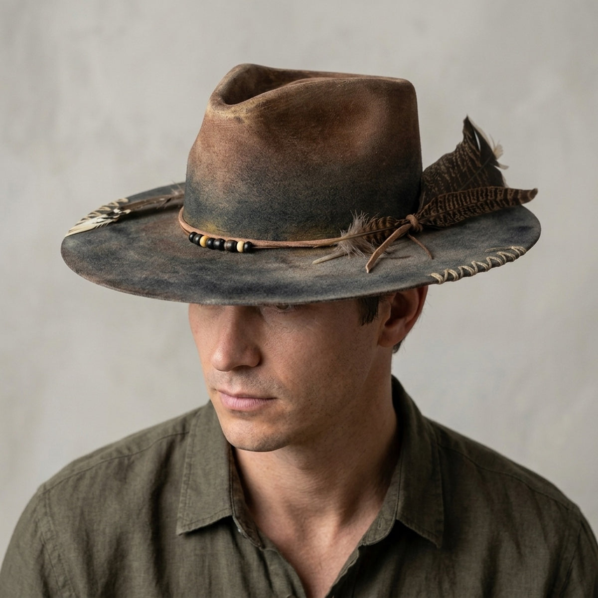 Brown Ombre Felt Hat with Cord Band Beads and Pheasant Feathers
