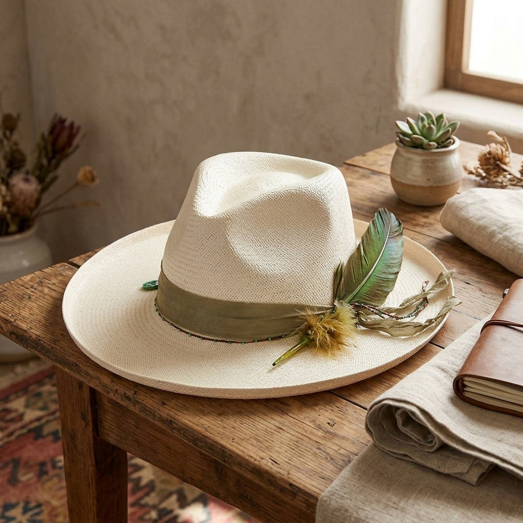 White Straw Panama Hat with Feather and Beads