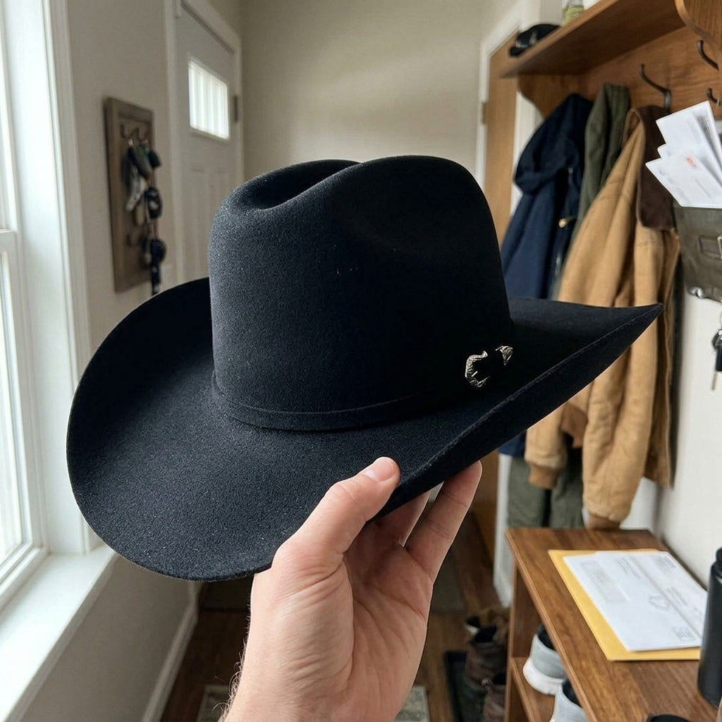 Black Wool Felt Cowboy Hat with Silver Pin Side Detail