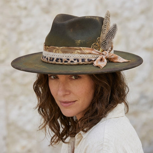 Antique Olive Felt Fedora with Leopard Trim and Feather Accent