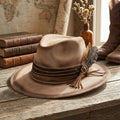 Tan Felt Fedora with Layered Leather Band, Tassel and Feathers