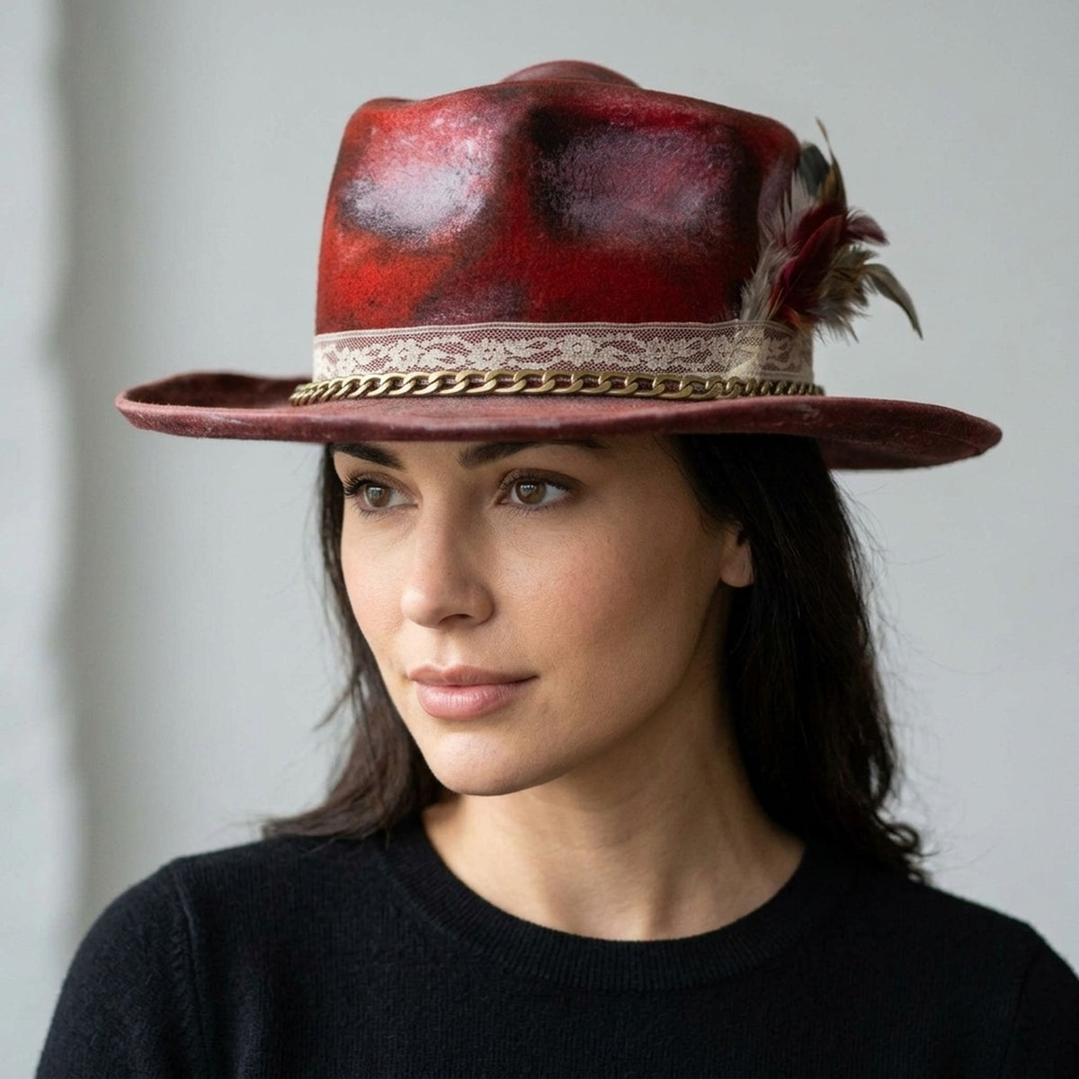 Wine Red Crushed Velvet Fedora with Cream Lace and Brass Chain