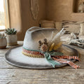 Silver Grey Felt Fedora with Dried Plumes Tribal Print Ribbon