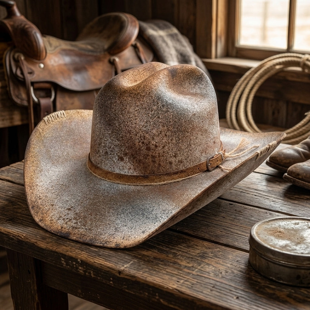 Weathered Gray Cowboy Hat with Leather Band and Stitched Brim