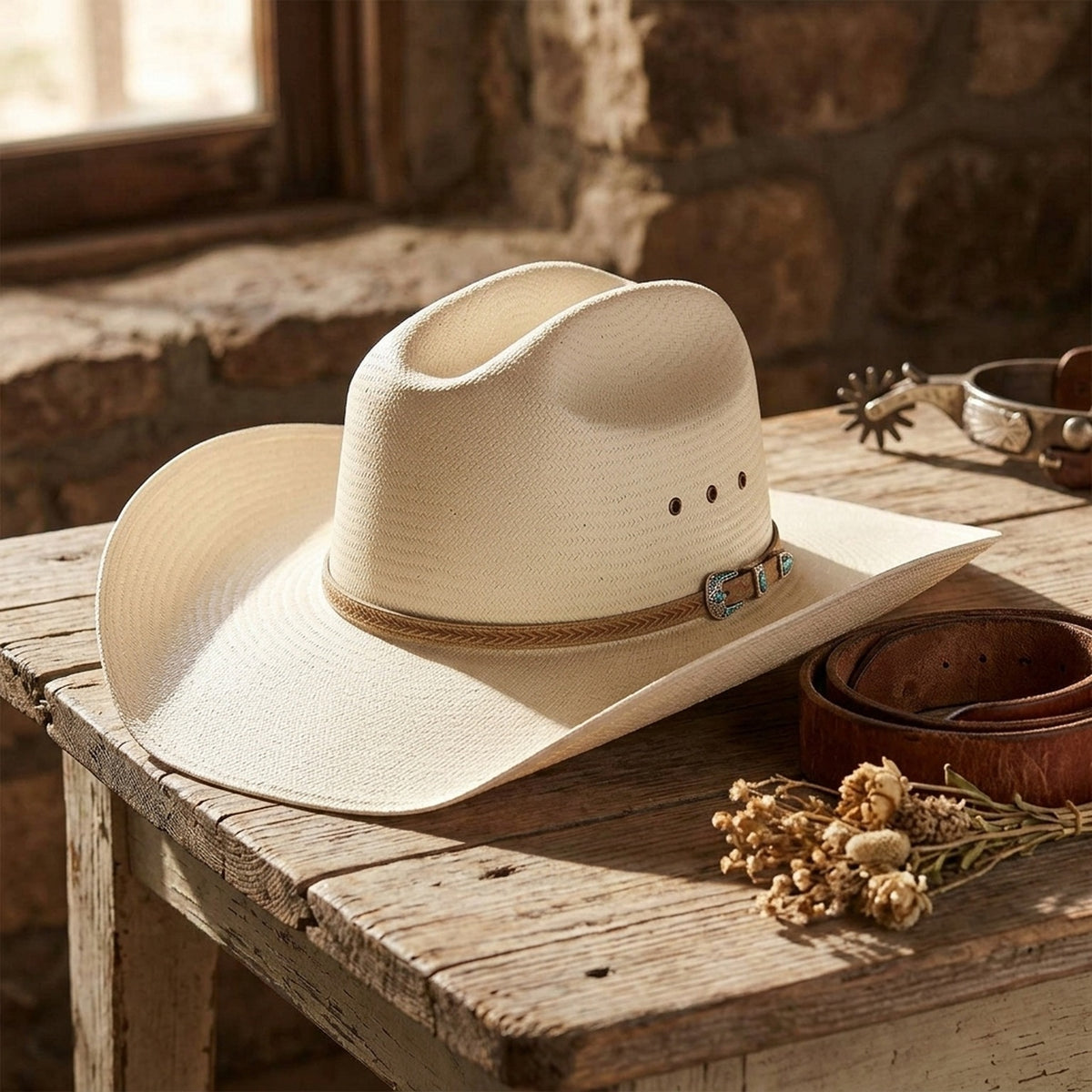 Cream Straw Cowboy Hat with Braided Leather Hatband Detail