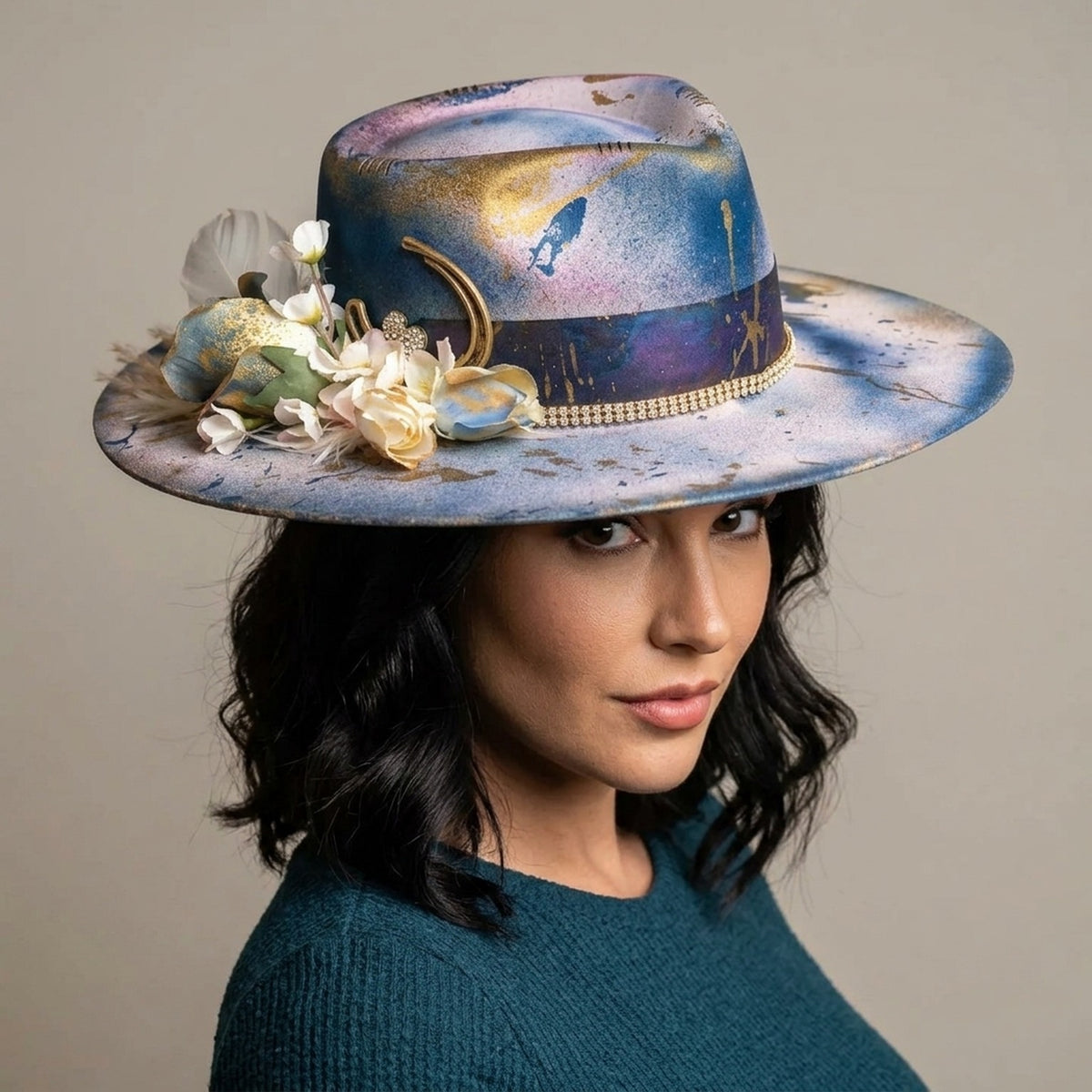 Boho Tie-Dye Fedora with Floral Accent and Rhinestone Band