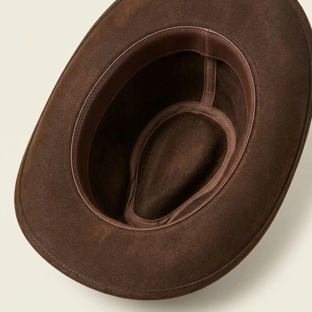 Distressed Brown Felt Fedora with Sequin Band and Feather Accents