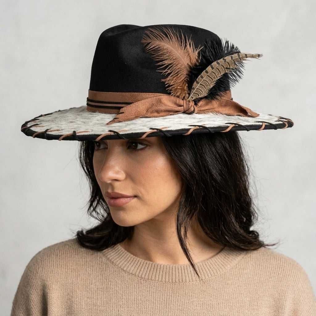 Black Felt Western Hat Cowhide Brim Brown Feather Trio