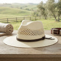 Off-White Vented Straw Western Hat with Leather Cord Band