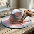 Pink Blue Tie-Dye Felt Fedora with Beaded Chain Bandana Scarf