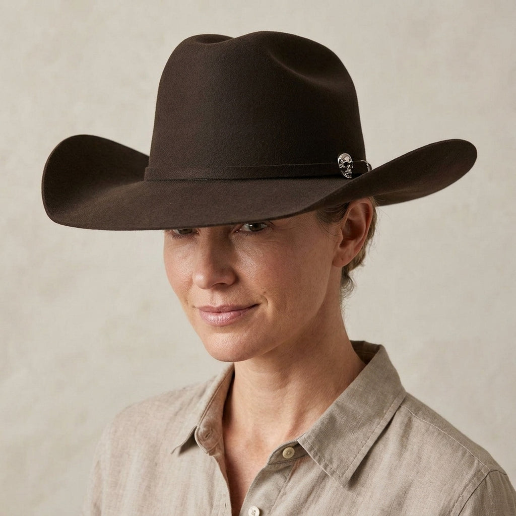 Unisex Dark Brown Wool Felt Cowboy Hat with Silver Charm