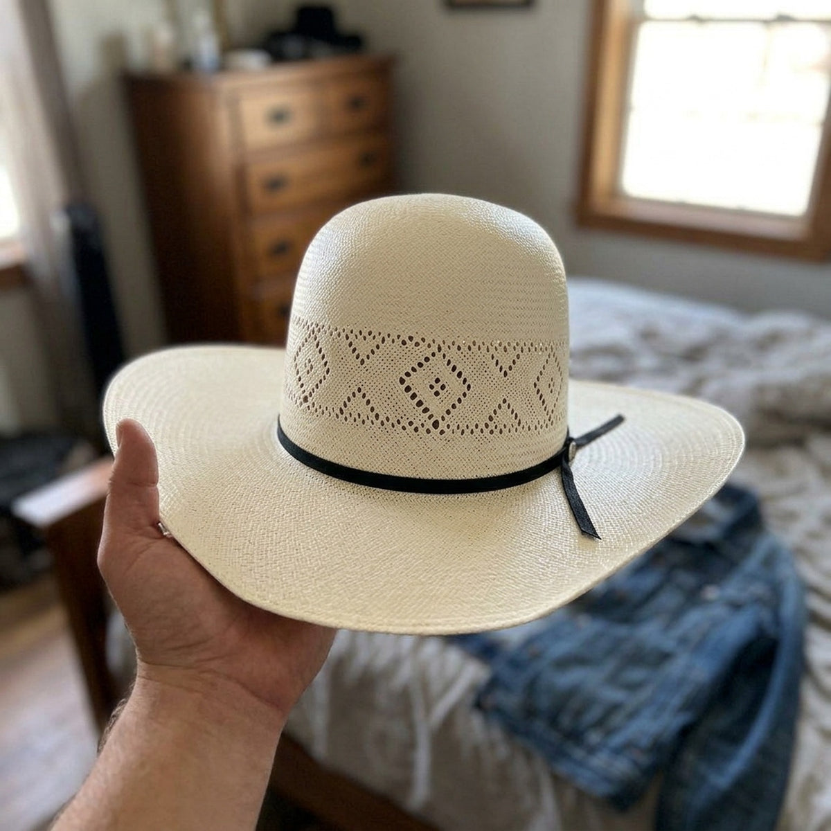White Straw Panama Hat with Perforated Band for Resort Wear