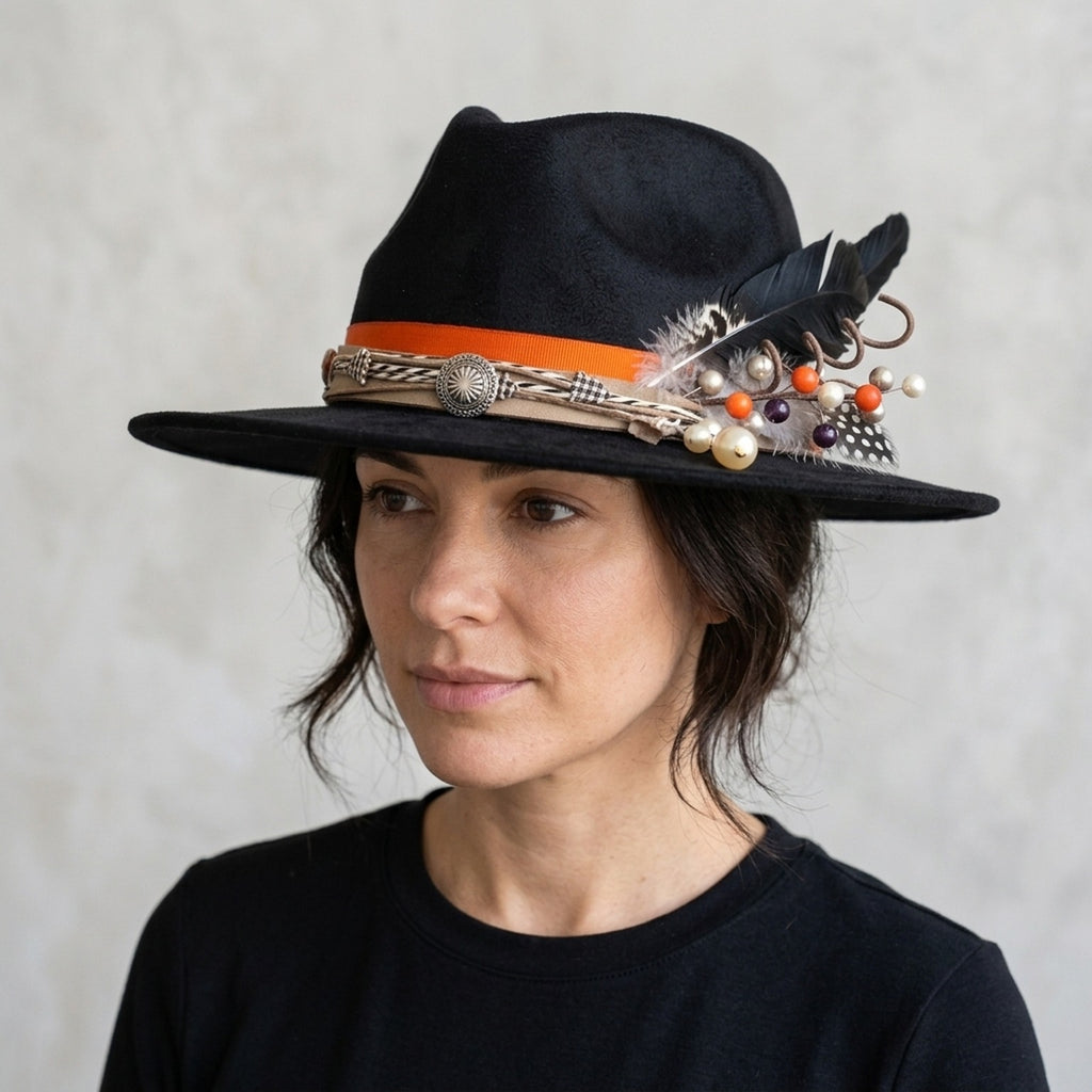 Black Glam Fedora with Pearl Drop, Feathers and Orange Ribbon