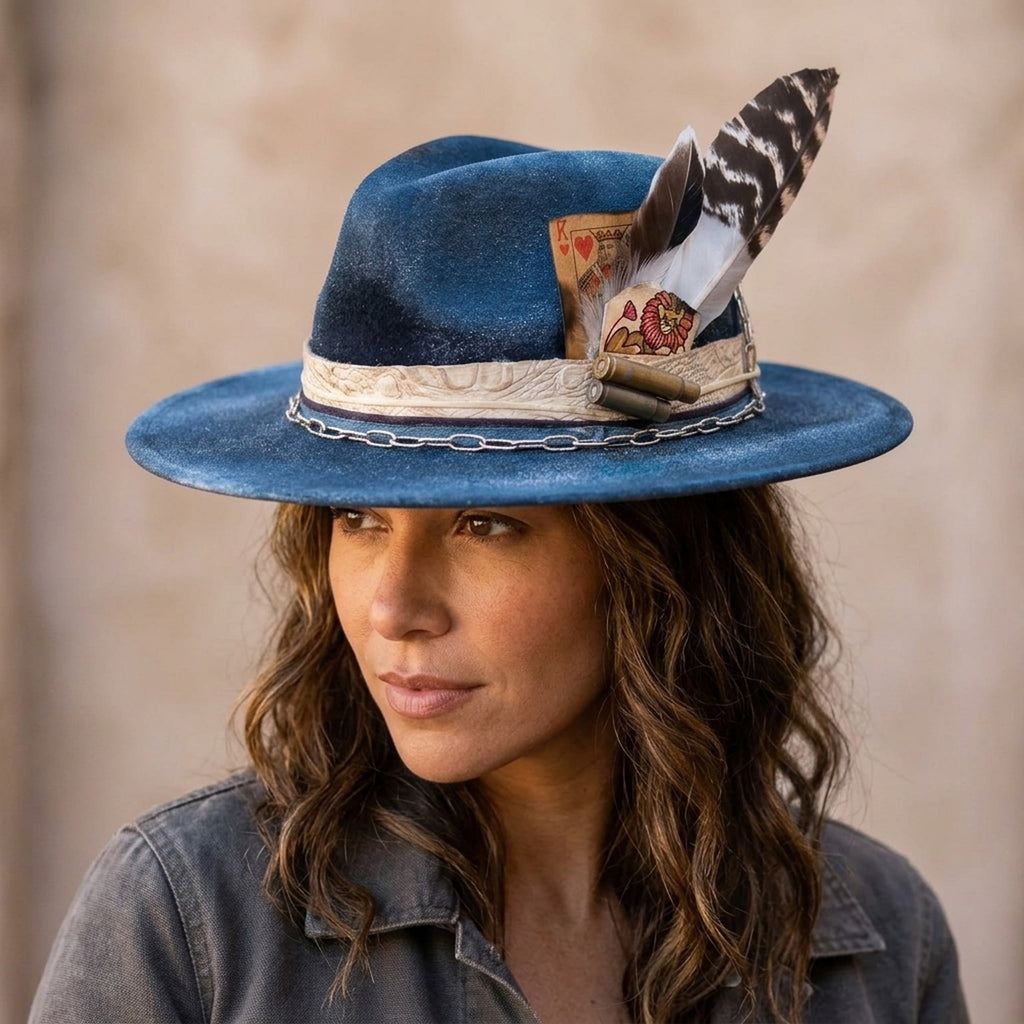 Navy Blue Fedora with Embossed Band, Chain and Playing Card
