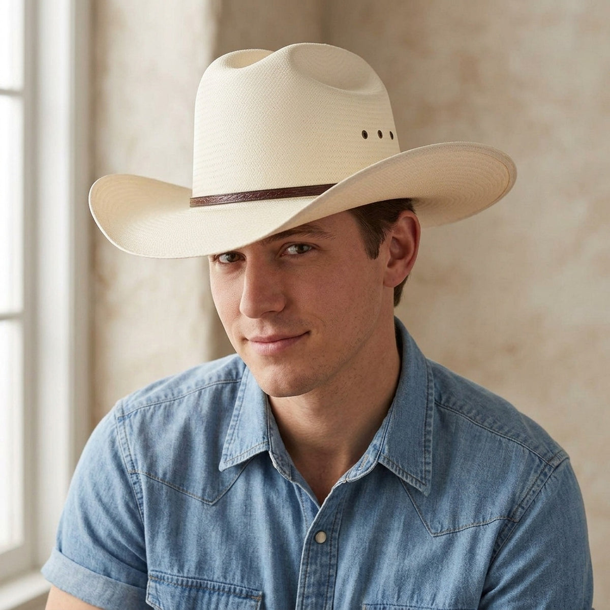 Ivory Straw Western Hat with Brown Leather Band and Detail