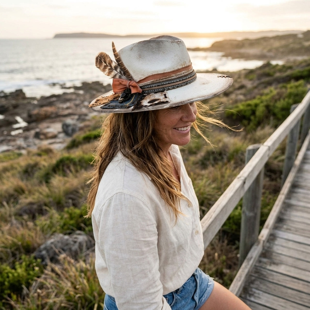 Distressed Cream Fedora Patchwork Feathers Ribbon Boho Vintage Hat
