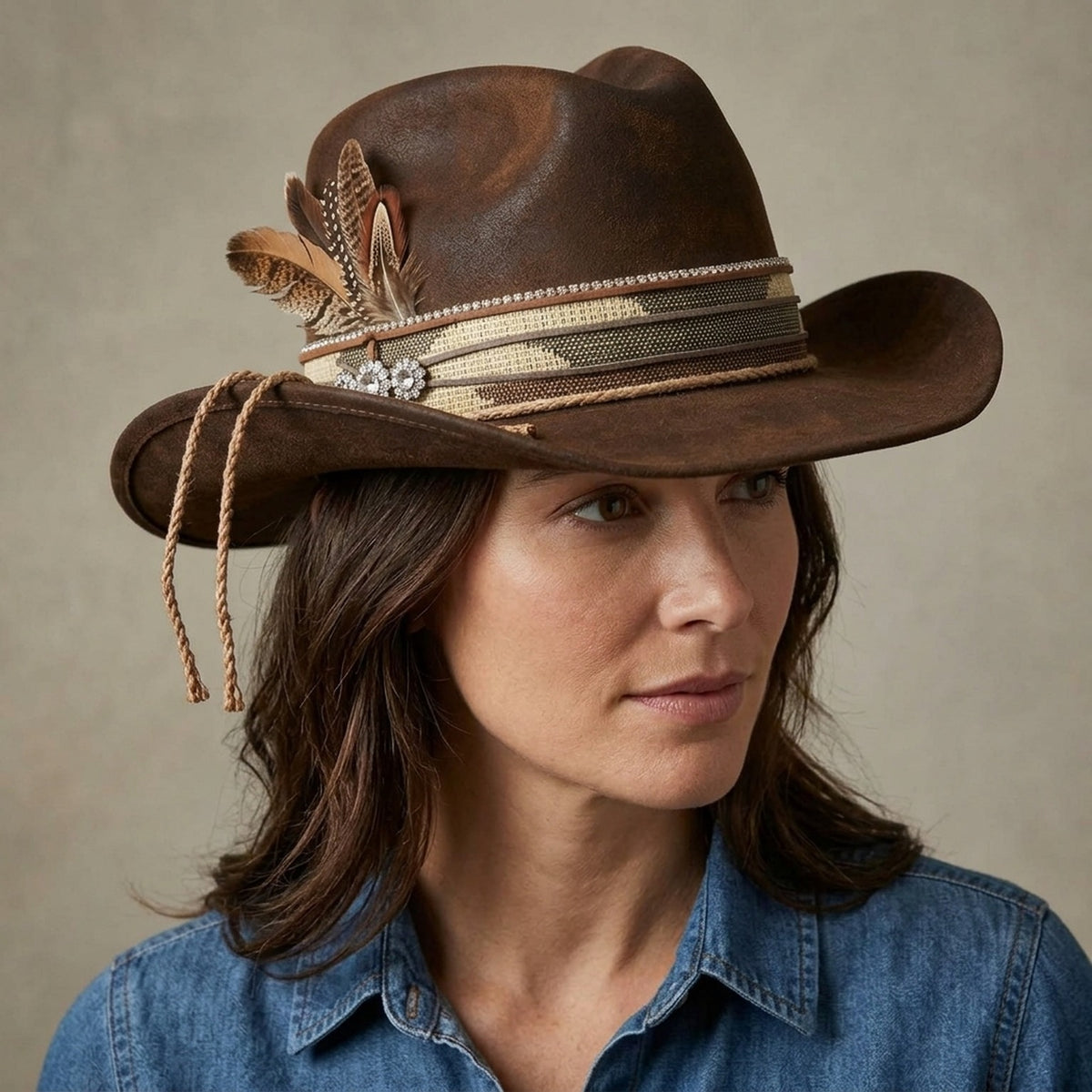Distressed Brown Felt Fedora with Sequin Band and Feather Accents