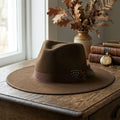 Unisex Brown Wide Brim Fedora with Feather Accent