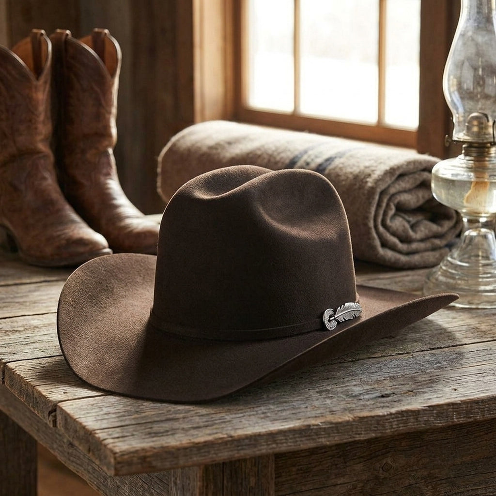 Dark Brown Felt Cowboy Hat with Pinched Crown and Curved Brim
