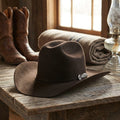 Dark Brown Felt Cowboy Hat with Pinched Crown and Curved Brim