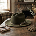 Distressed Olive Felt Fedora with Feather and Bone Accent