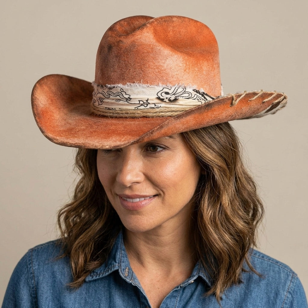 Rust Felt Cowboy Hat with Cow Print Brim and Paisley Bandana