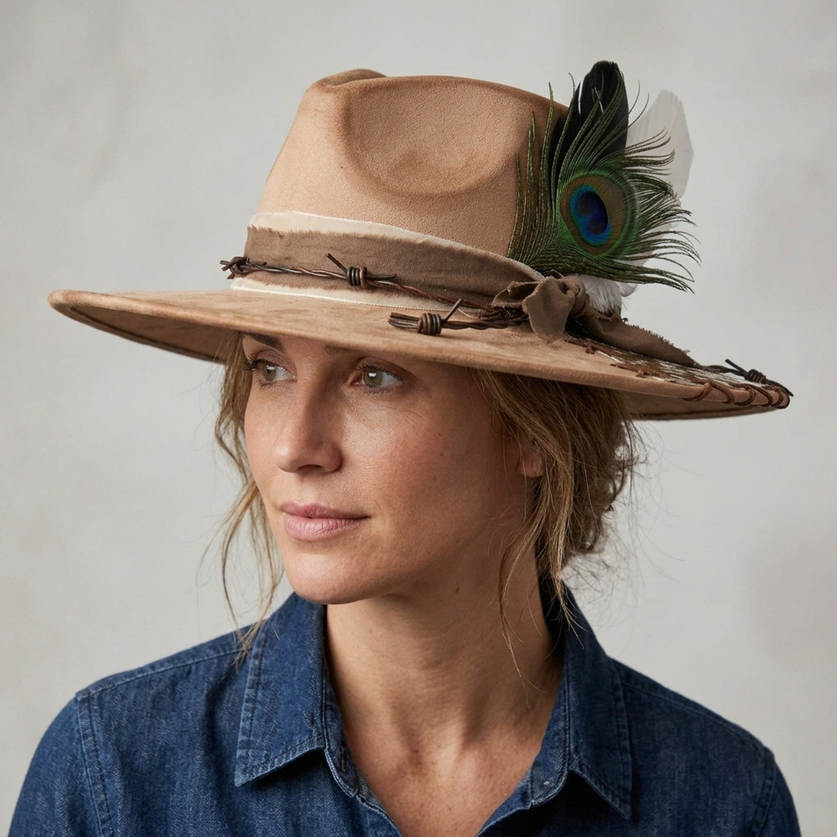 Tan Western Hat Peacock Feather Cowhide Patch Barbed Wire Band