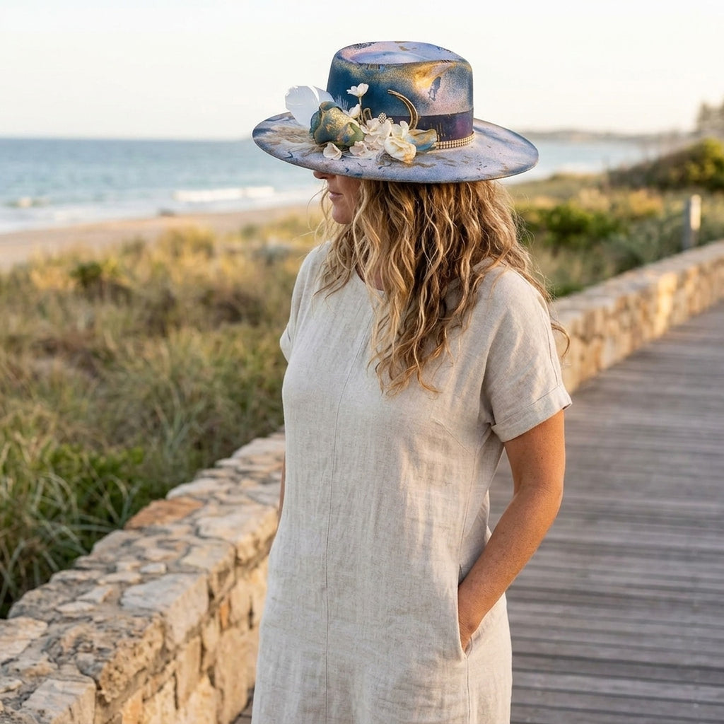 Boho Tie-Dye Fedora with Floral Accent and Rhinestone Band
