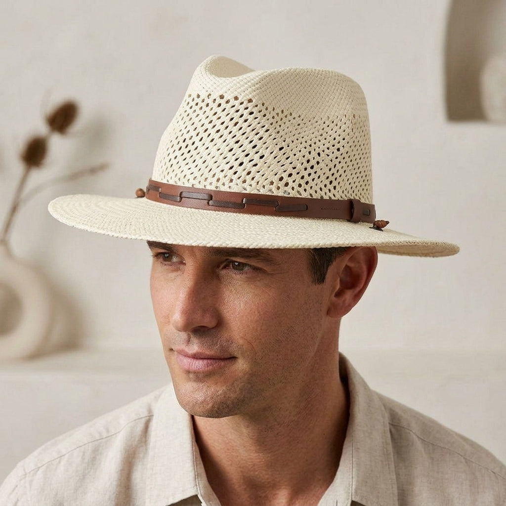 Ivory Straw Fedora Hat with Wood Toggle Band and Open Vent