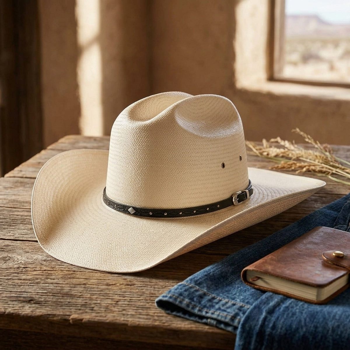 White Straw Cowboy Hat with Studded Leather Band and Concho