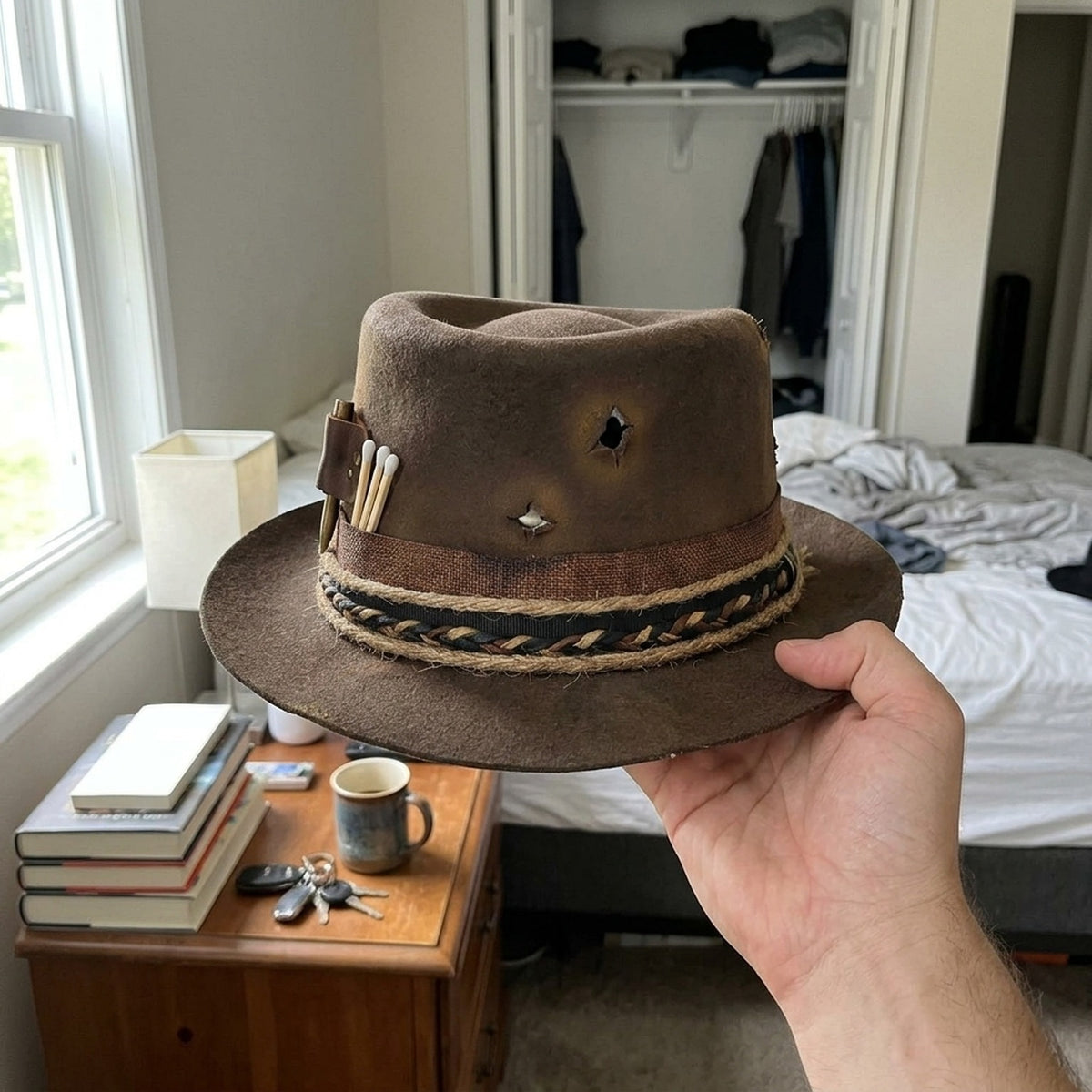 Distressed Brown Wool Felt Cowboy Hat with Star Cutouts