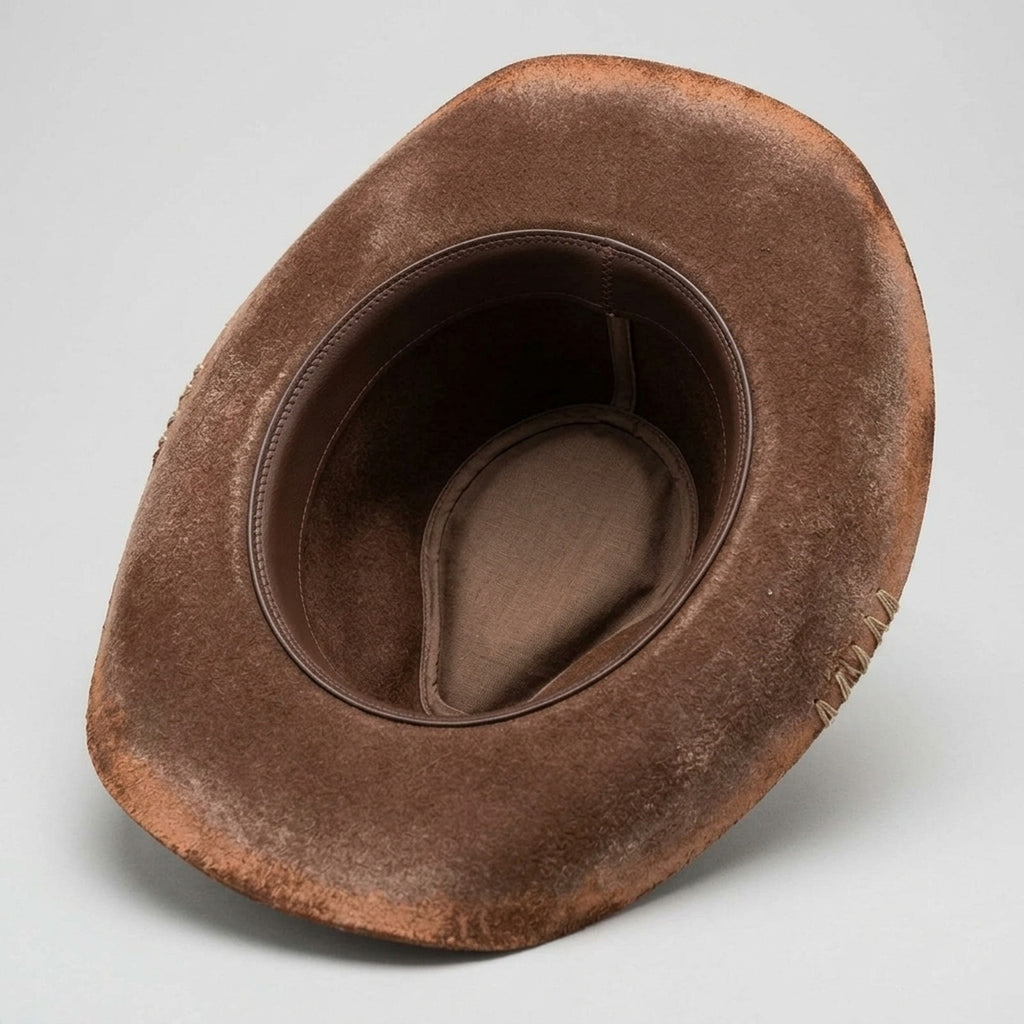 Distressed Brown Cowboy Hat with Paisley Bandana and Jute Rope
