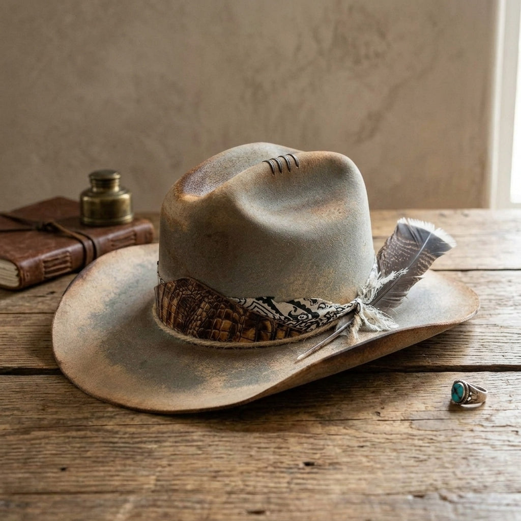 Weathered Tan Western Hat with Croc Leather and Bandana Band