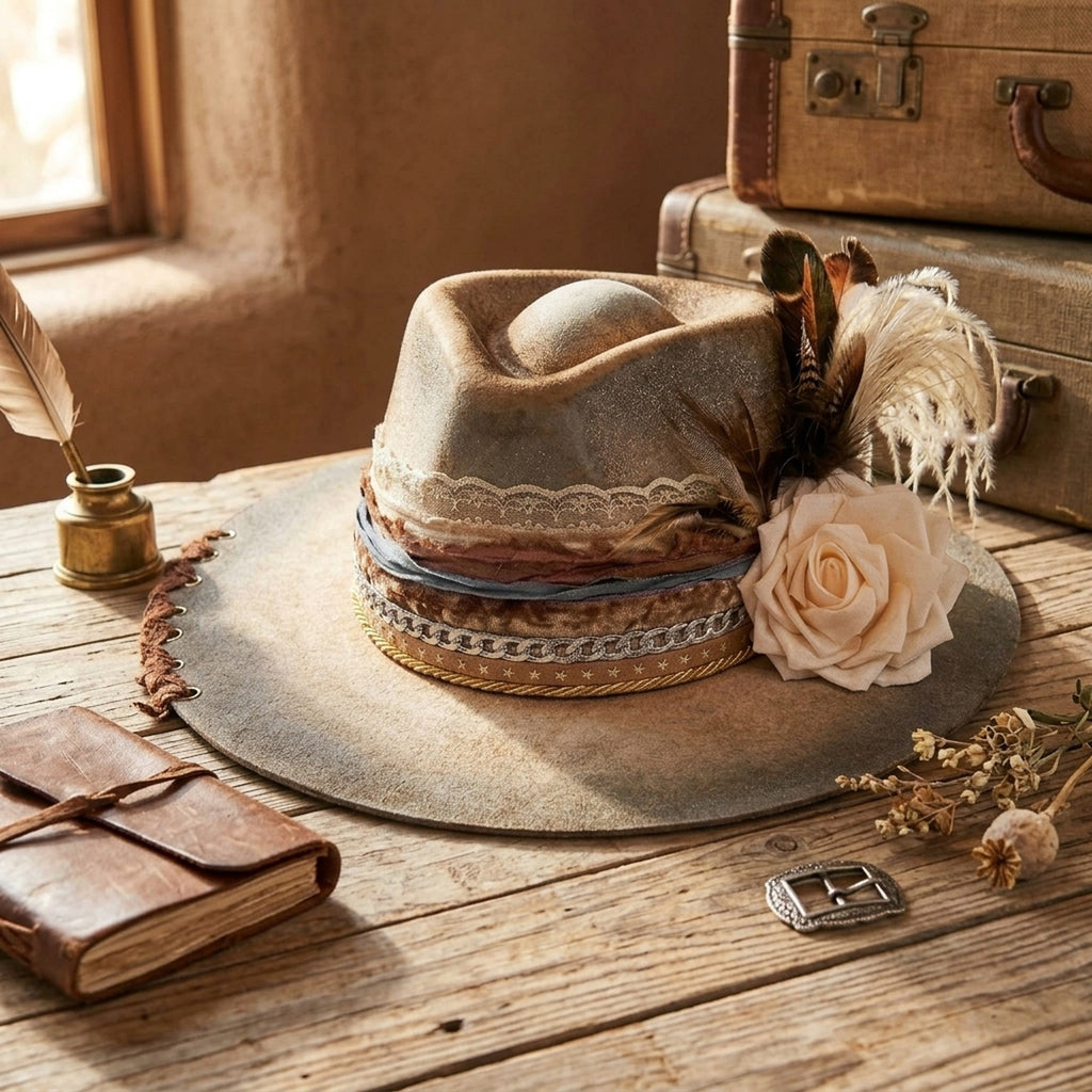 Distressed Gray Tan Felt Western Hat Cream Rose Lace Trim