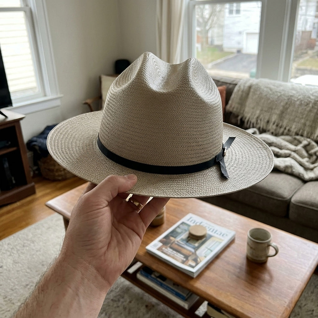 Beige Straw Panama Fedora Hat with Black Grosgrain Band
