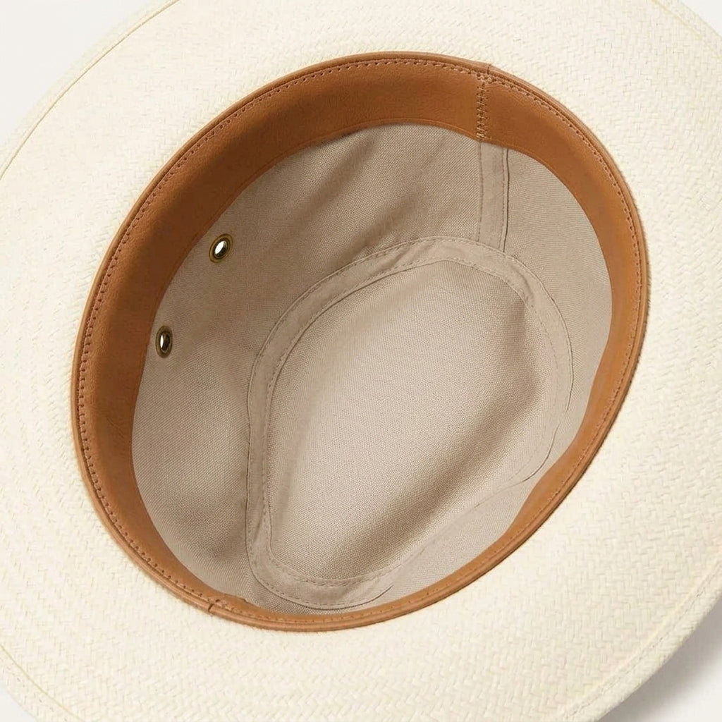 White Straw Fedora Hat with Braided Leather Band and Wide Brim