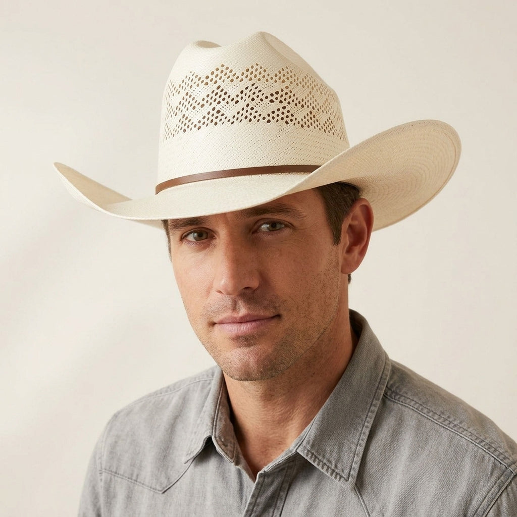 White Ventilated Straw Cowboy Hat for Summer and Outdoor