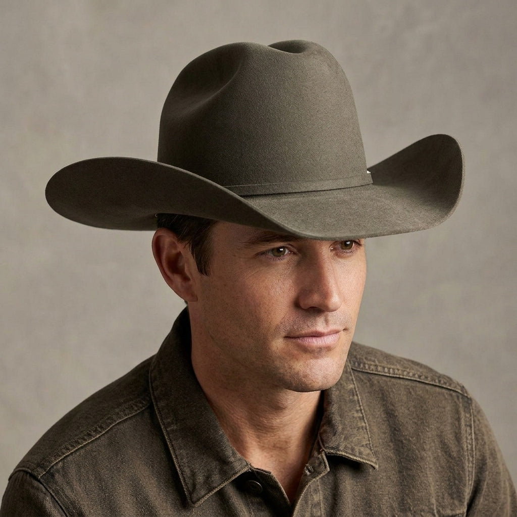 Unisex Olive Wool Felt Cowboy Hat with Pin Accent Detail