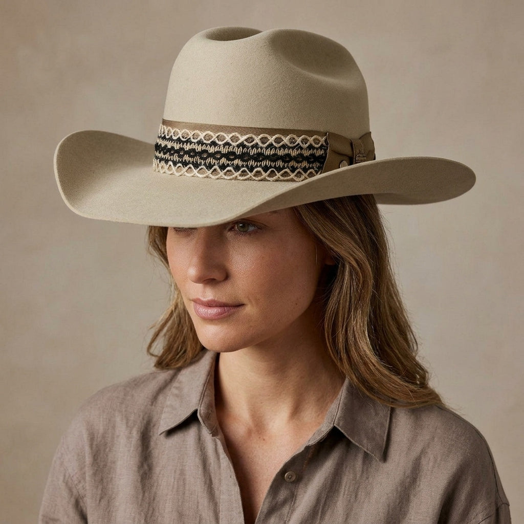 Cream Western Hat with Woven Geometric Band and Brim