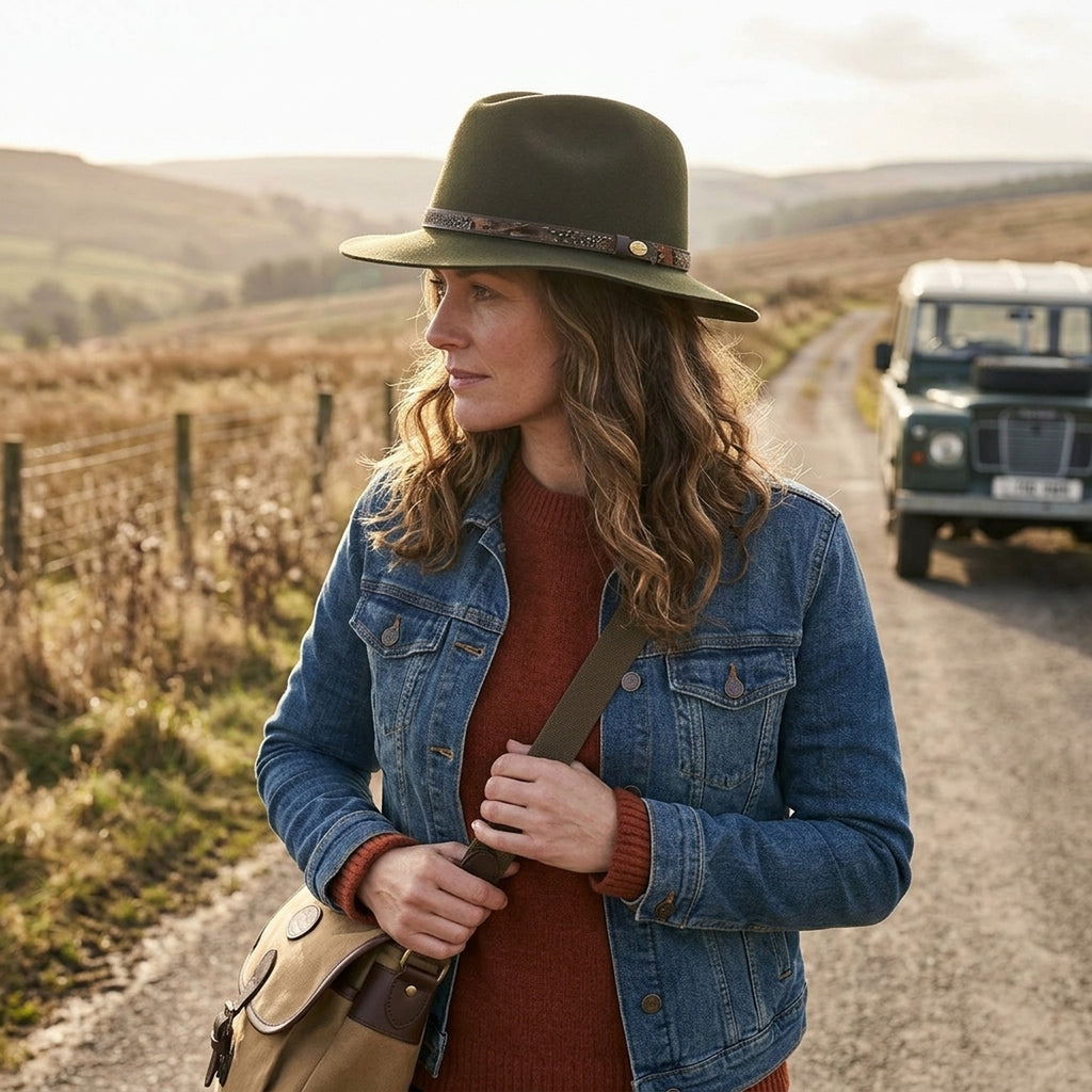 Olive Wool Felt Fedora Hat with Feather Print Band, Outdoor Classic
