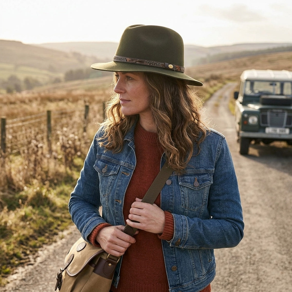 Olive Wool Felt Fedora Hat with Feather Print Band, Outdoor Classic