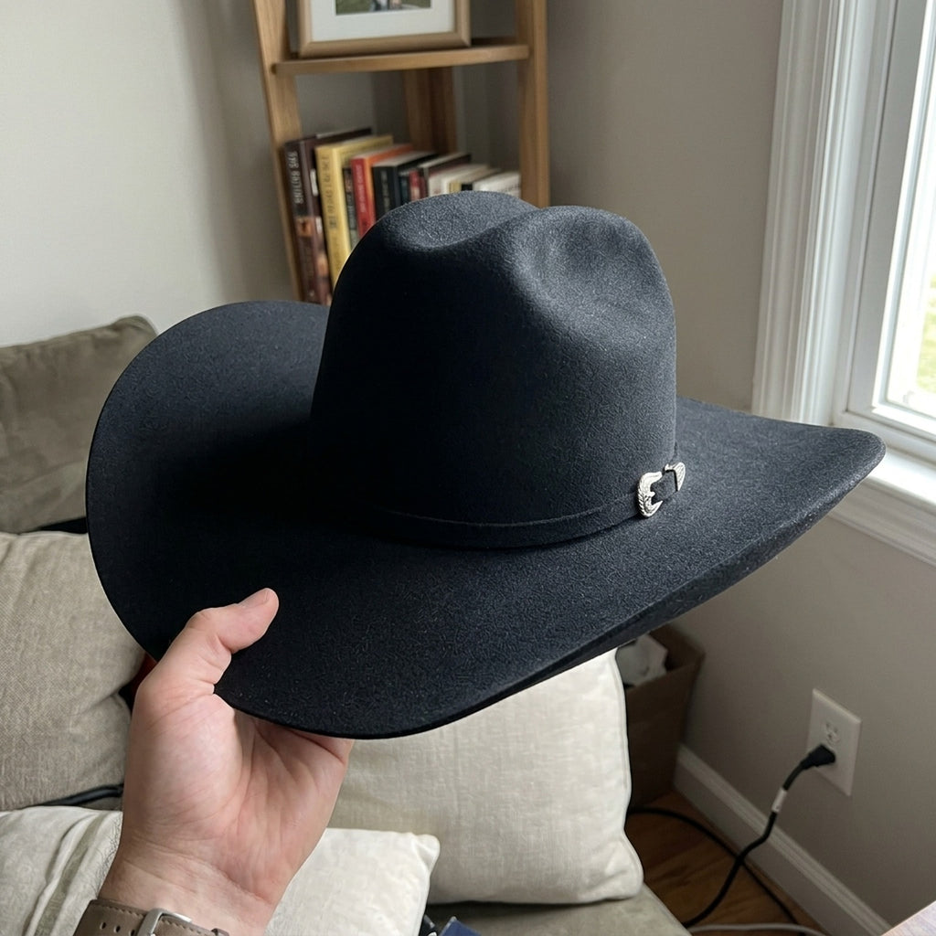 Black Felt Western Hat with Wide Flat Brim and Side Pin Detail