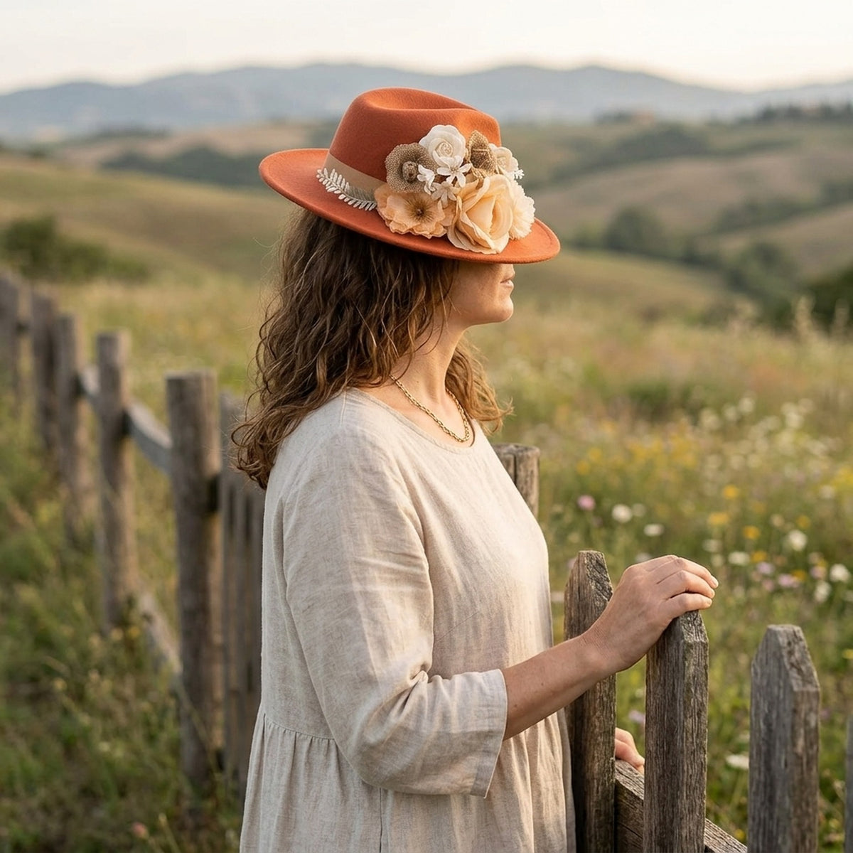 Rust Felt Fedora With Ivory Floral Cluster And Fern Sprig