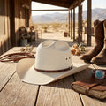 White Straw Fedora Hat with Brown Studded Leather Hatband