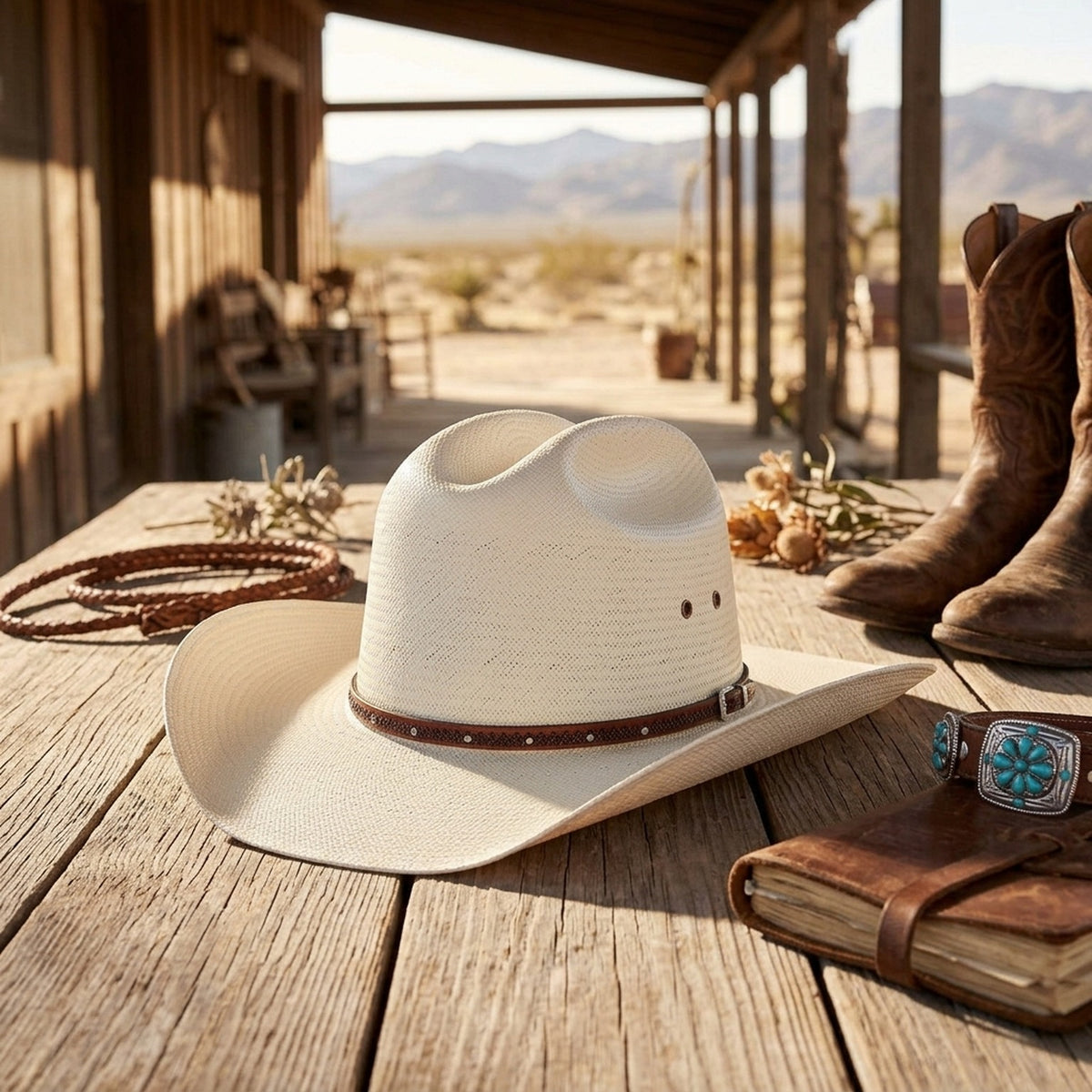White Straw Fedora Hat with Brown Studded Leather Hatband