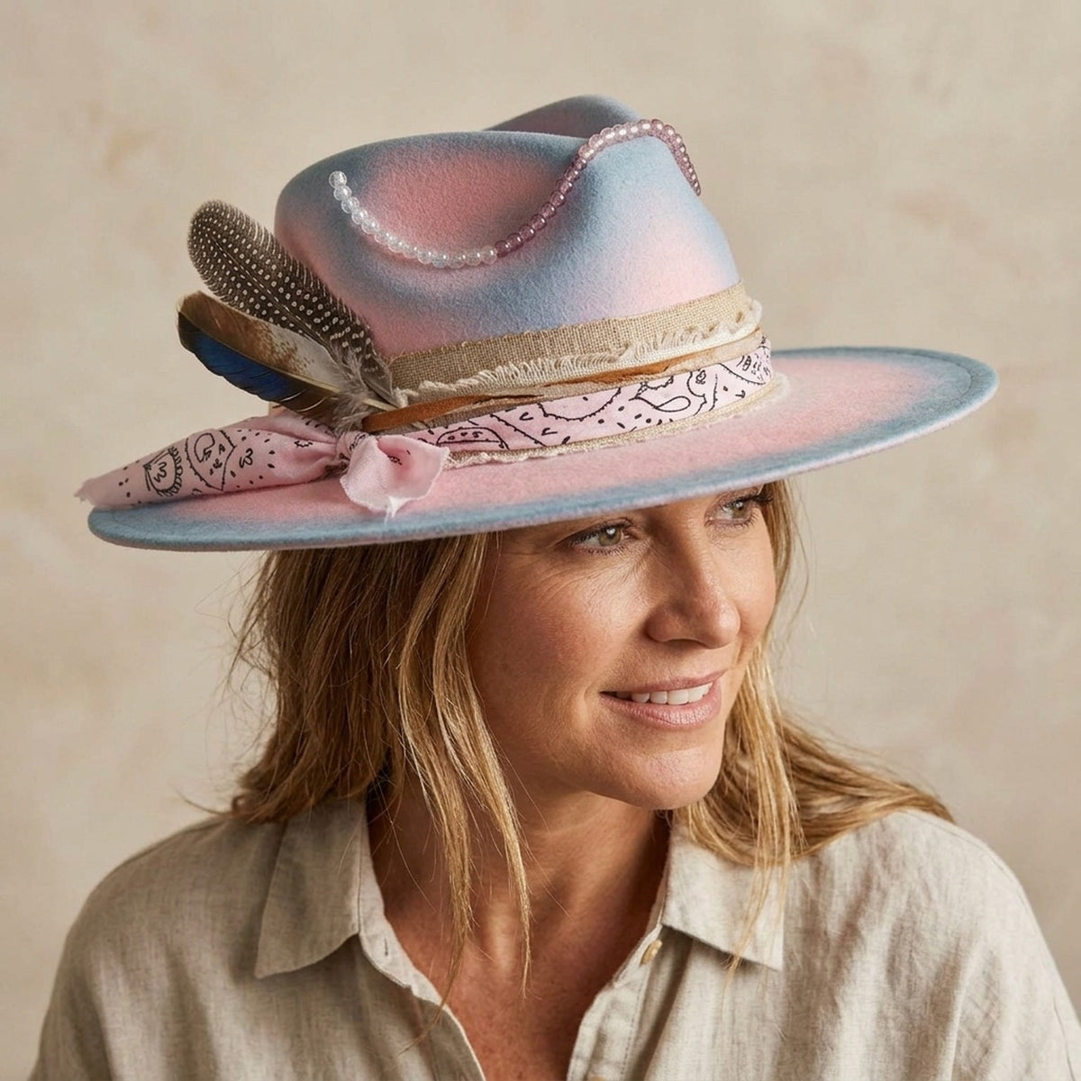 Pink Blue Tie-Dye Felt Fedora with Beaded Chain Bandana Scarf