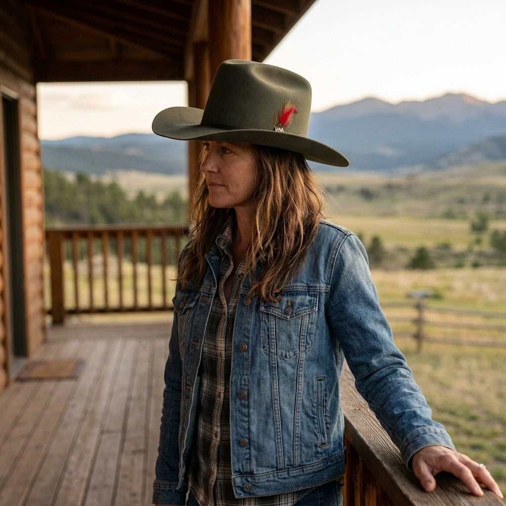 Olive Green Felt Cowboy Hat with Feather Trim Band Detail