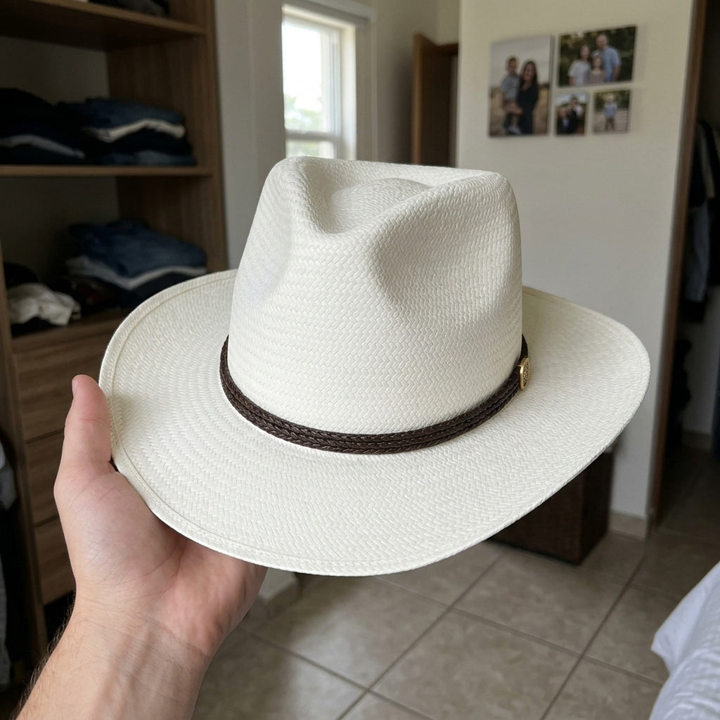 White Straw Fedora Hat with Braided Brown Leather Band Detail