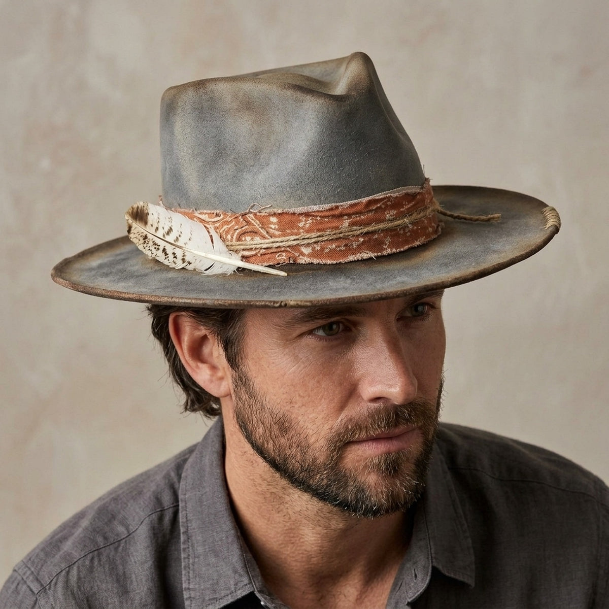 Distressed Grey Felt Fedora with Orange Patterned Band