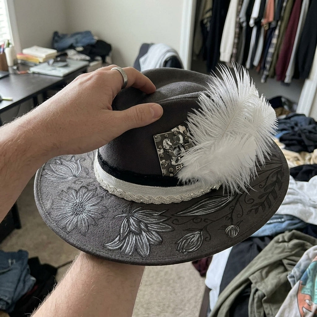 Gray Flocked Fedora Hat with Floral Brim Print and Feather